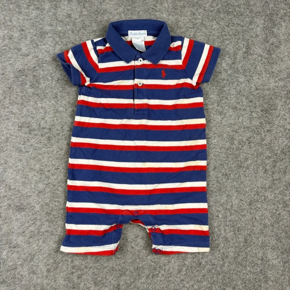 Ralph Lauren Romper Baby 6 Month Striped Red White Blue Polo Short Sleeve